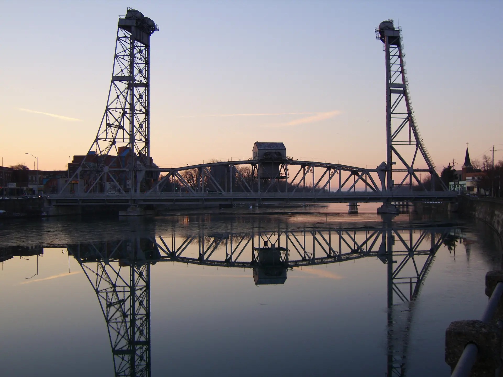 Lift bridge over the Welland Canal at sunset in Welland, Ontario